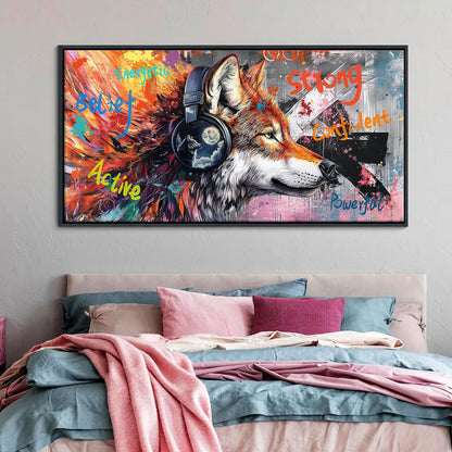 JEAWA Framed Canvas Wall Art, Large Modern Graffiti Street Art Wolf with Headphones Funny 24x48 IN Pictures Print Painting for Living Room Bedroom Office Men Teen Boy Room Home Decor Birthday Gift