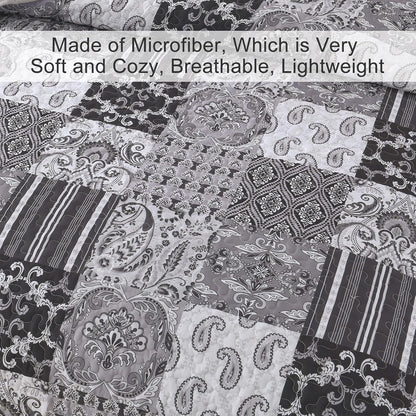 WONGS BEDDING Grey Quilt Set Queen Size, Patchwork Plaid Bedspread Bedding Sets Soft Microfiber Boho Quilts for Queen Bed 3 Pieces Coverlet Set for All Season (96"x90")
