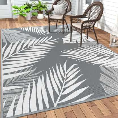 GENIMO Outdoor Rug 9' x 18' Waterproof for Patios Clearance, Reversible, Plastic Straw Camping Rug Carpet, Large Area Rugs Mats for RV, Picnic, Backyard, Deck, Balcony, Porch, Beach, Grey&White