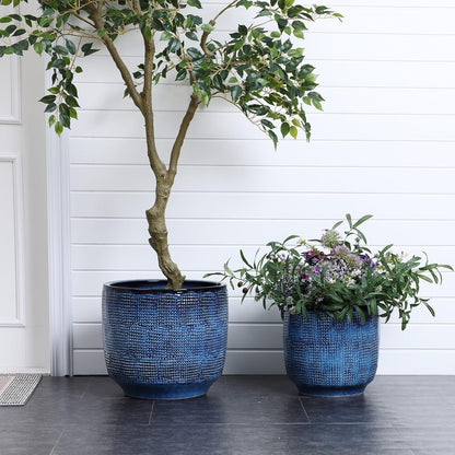 LuxenHome Ocean Blue 12-Inch Dia Round Ceramic Planter Pot with Drainage Hole and Rubber Plug, Modern Gradient Glaze Plant Pot, Decorative Flower Garden Pot for Indoor Outdoor Plants