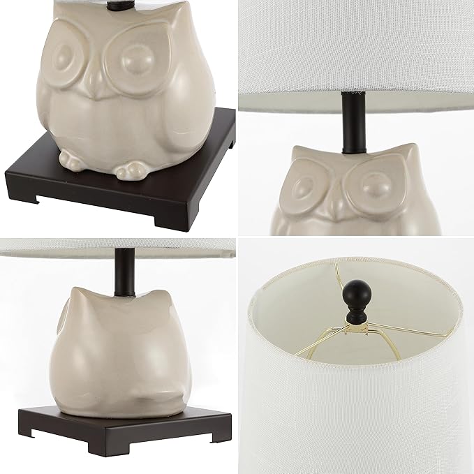 JONATHAN Y 16" Antique White Ceramic Owl Mini Table Lamp for Bedroom or Office, Modern Farmhouse Nightstand Lamp with White Linen Shade, LED Bulb Included (JYL3014B)