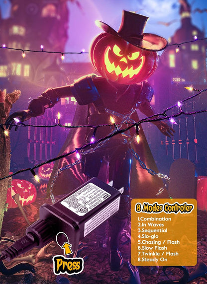Christmas Lights Outdoor, 33FT 100 LED Mini Orange Purple Lights Plug in with 8 Modes for Outdoor Indoor Christmas Tree Lights Party Holiday Commercial Decorations, Waterproof & Connectable, 2 Pack