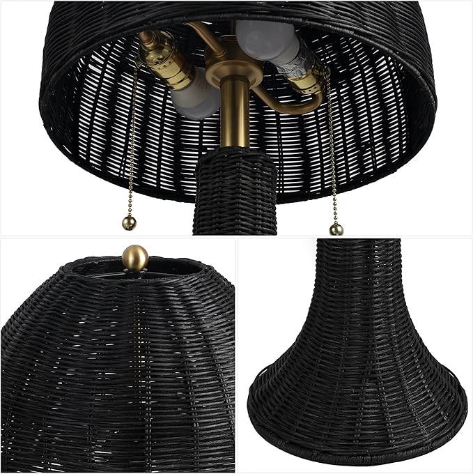 JONATHAN Y 22" Black/Brass Gold Bohemian Rustic LED Table Lamp for Bedroom, Natural Rattan Shade, Farmhouse Coastal Nightstand Lamp for Living Room, LED Bulbs Included (JYL4040D)
