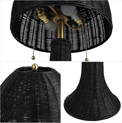 JONATHAN Y 22" Black/Brass Gold Bohemian Rustic LED Table Lamp for Bedroom, Natural Rattan Shade, Farmhouse Coastal Nightstand Lamp for Living Room, LED Bulbs Included (JYL4040D)