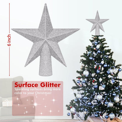 Tree Topper, 6" Silver Christmas Tree Topper with Glitter, 3D Bethlehem Star Xmas Tree Topper Decorations, Waterproof Shatter-Proof Tree Decoration for Christmas Holiday Home Indoor and Outdoor