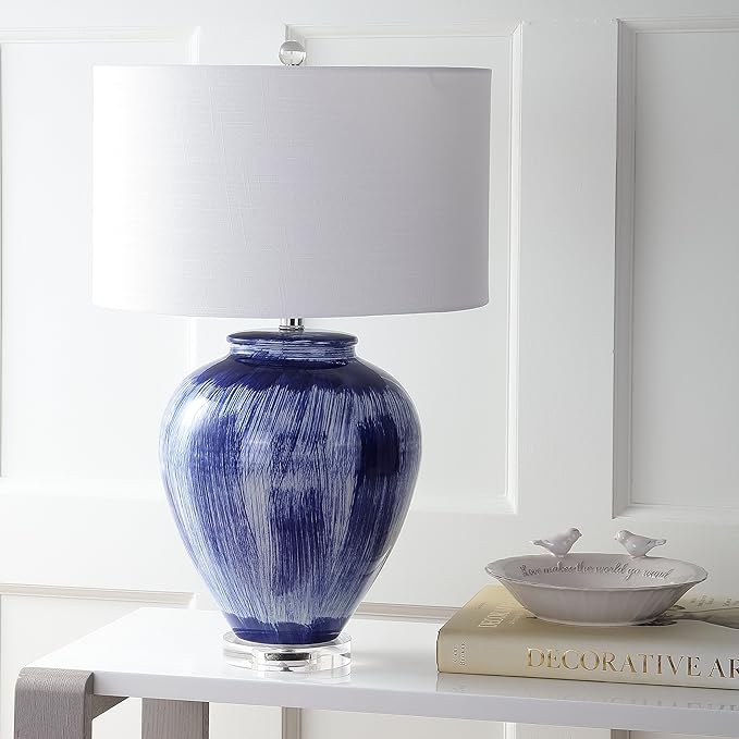 JONATHAN Y 26" Seaside Blue Ceramic LED Table Lamp, Coastal Glam Reactive Glaze Lamp with Crystal Base for Living Room Bedroom, White Linen Drum Shade, LED Bulb Included JYL5013A