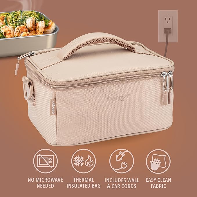 Bentgo Heat - Electric Lunch Bag & Food Warmer for Reheating Meals in Car, at Work & More - Heated Lunch Box Warmer for Adults, Students & Shift Workers, 12V/24V Auto & 120V Wall Cords (Sand)