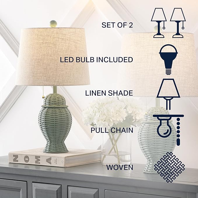 JONATHAN Y 20.5" Green Wicker Table Lamp Set of 2, Bohemian Rustic Farmhouse Bedside Lamps for Living Room, Nightstand Desk Lamps with Beige Linen Shade, LED Bulbs Included (JYL4041C-SET2)