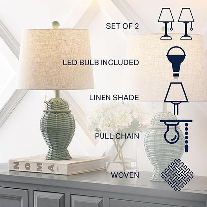 JONATHAN Y 20.5" Green Wicker Table Lamp Set of 2, Bohemian Rustic Farmhouse Bedside Lamps for Living Room, Nightstand Desk Lamps with Beige Linen Shade, LED Bulbs Included (JYL4041C-SET2)