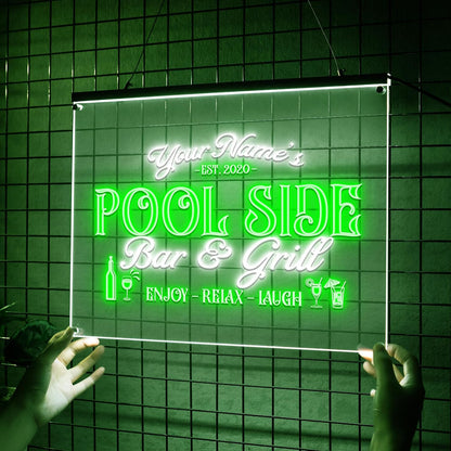 Personalized Pool Side Bar & Grill Neon Sign, Custom LED Name Sign for Backyard, Patio, Outdoor Bar, Tropical Pool Decor, Gift for Summer Fun Lovers