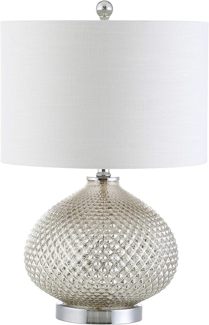 JONATHAN Y 22.5" Mercury Silver Textured Glass Table Lamp, Contemporary Nightstand Lamp for Living Room Bedroom, White Linen Drum Shade, LED Bulb Included JYL1082A