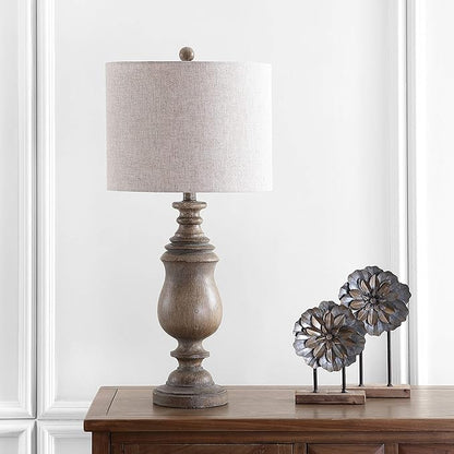 JONATHAN Y 28.5" Brown Faux Wood Resin Table Lamp, Traditional Balustrade Nightstand Lamp for Living Room Bedroom, Gray Linen Drum Shade, UL Listed, LED Bulb Included JYL3041A