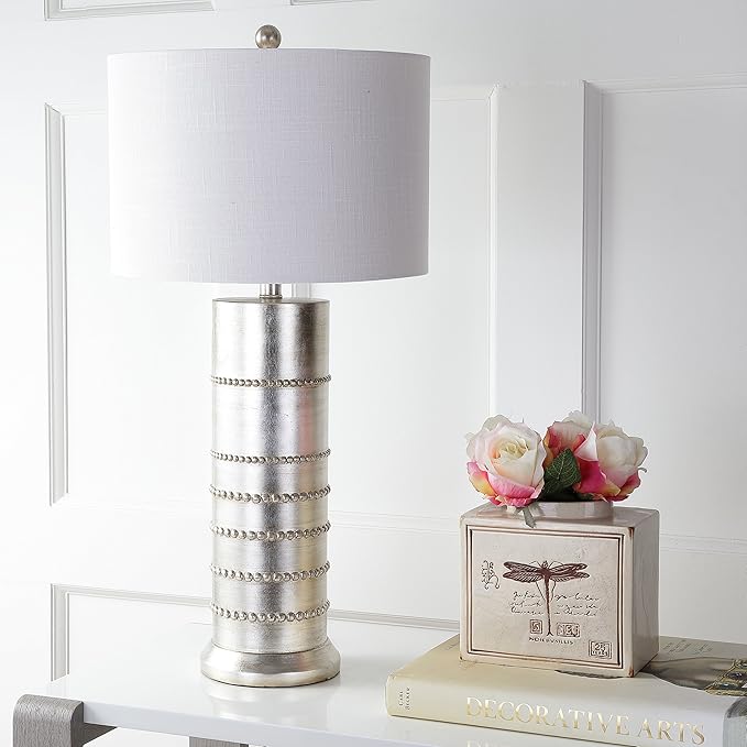 JONATHAN Y 30.75" Silver Leaf Resin Table Lamp, Modern Farmhouse Wrapped Rope Bedside Lamp for Living Room Bedroom, White Linen Drum Shade, UL Listed, LED Bulb Included JYL1012A