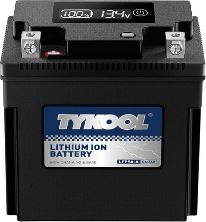 TYKOOL LFP9A-A,YB9-B,240CCA,3X Cranking Amps,LiFePO4 Lithium Motorcycle Battery,12V 4AH,Digital Readout,Fits for 125cc Benelli and Gilera,Triumph 750cc,Aprilia Sport City,Piaggio Typhoon Scooter