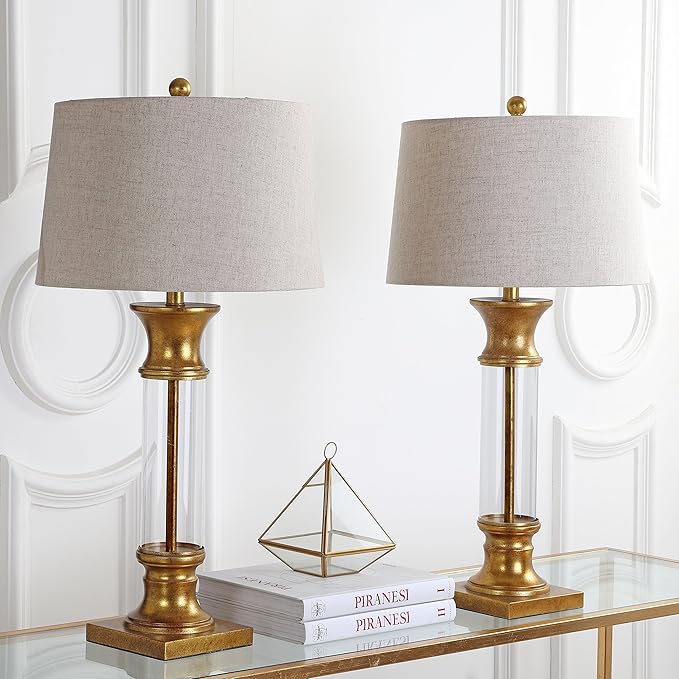 JONATHAN Y 32" Gold/Clear Glass Table Lamp Set of 2 for Living Room, Rustic Farmhouse Bedside Nightstand Lamps with Gray Linen Drum Shade, LED Bulbs Included (JYL4000B-SET2)