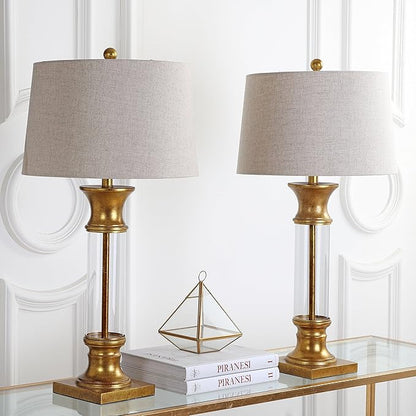 JONATHAN Y 32" Gold/Clear Glass Table Lamp Set of 2 for Living Room, Rustic Farmhouse Bedside Nightstand Lamps with Gray Linen Drum Shade, LED Bulbs Included (JYL4000B-SET2)