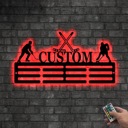 Personalized Hockey Medal Hanger Display - Custom Hockey Neon Sign, Led Light Up Sign, Medal Holder For Wall, Hockey Decor for Boys, Man Cave, Players, Coaches, Teen Gift