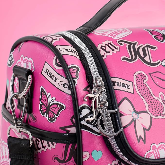 Juicy Couture Insulated Lunch Bag – Stylish Cooler Tote with Adjustable Crossbody Strap, Hot Pink Printed Stickers – Women's Lunch Box Bag for Work, School, Travel