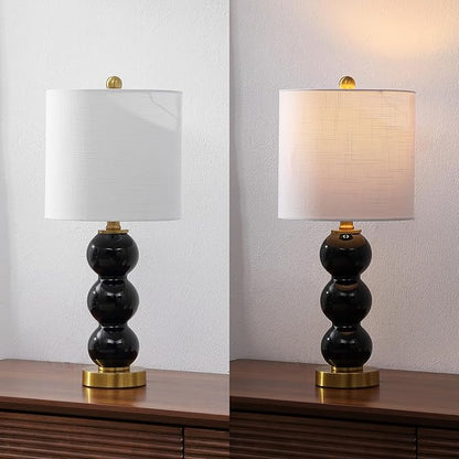 JONATHAN Y 21" Black/Brass Gold Glass Table Lamp for Bedroom and Living Room, White Linen Shade, Modern Stacked Sphere Bedside Lamp, LED Bulb Included (JYL1021E)
