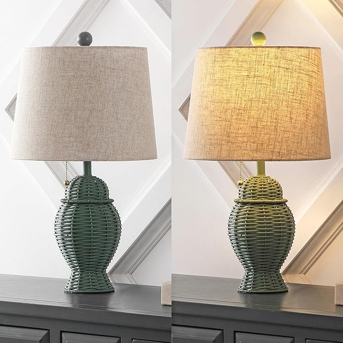JONATHAN Y 20.5" Green Wicker Table Lamp Set of 2, Bohemian Rustic Farmhouse Bedside Lamps for Living Room, Nightstand Desk Lamps with Beige Linen Shade, LED Bulbs Included (JYL4041C-SET2)