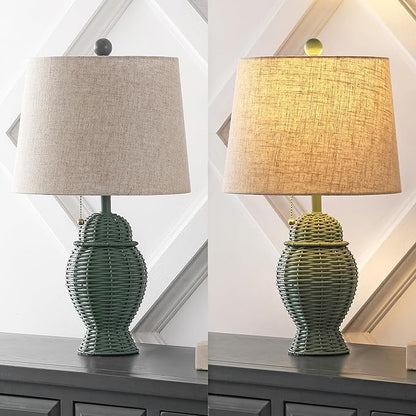 JONATHAN Y 20.5" Green Wicker Table Lamp Set of 2, Bohemian Rustic Farmhouse Bedside Lamps for Living Room, Nightstand Desk Lamps with Beige Linen Shade, LED Bulbs Included (JYL4041C-SET2)