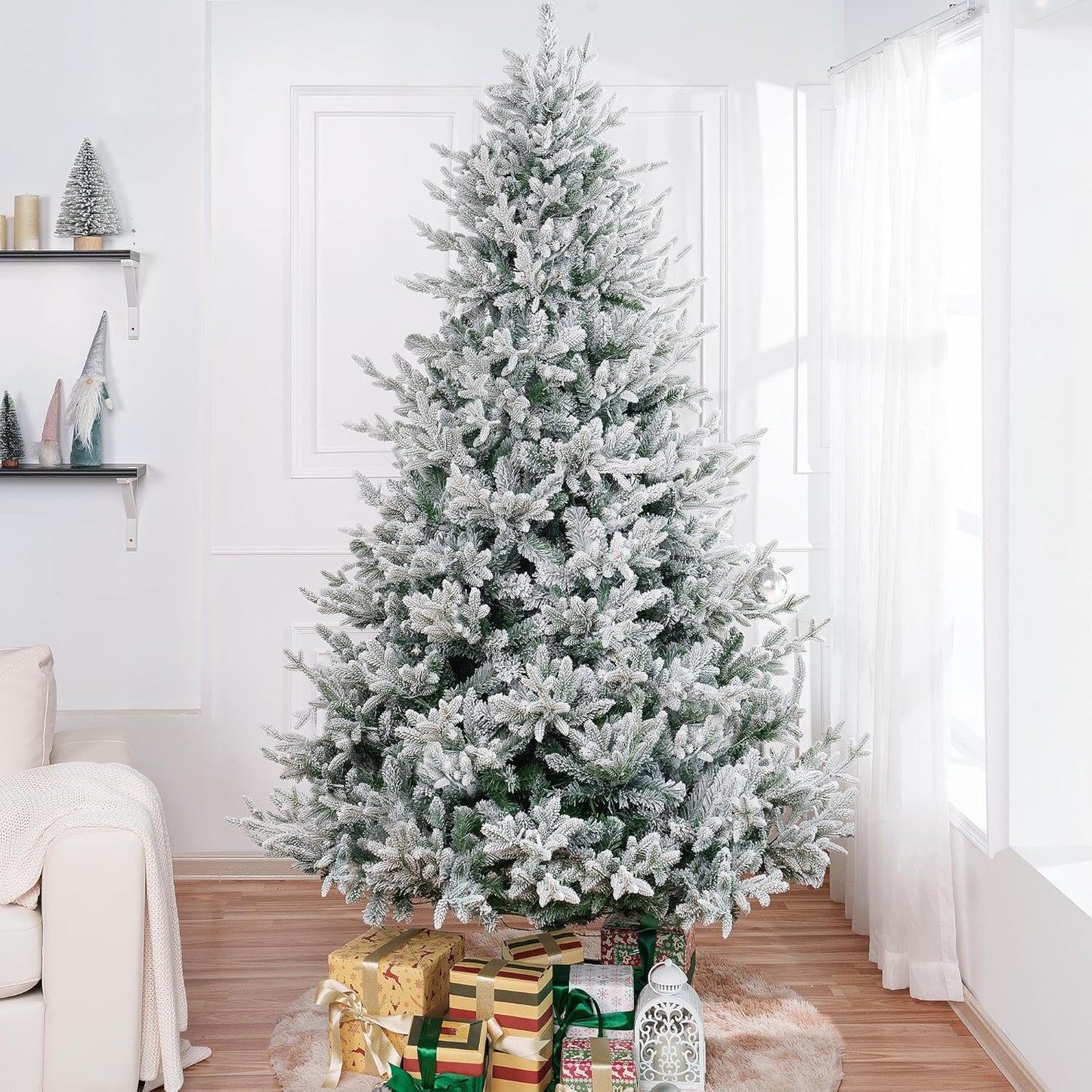 Naomi Home 6 5ft Frosted Christmas Tree with Lights Realistic Snow Flocked Christmas Tree Prelit with 2456 Branch Tips 450 Warm Lights and Metal Stand Aritificial