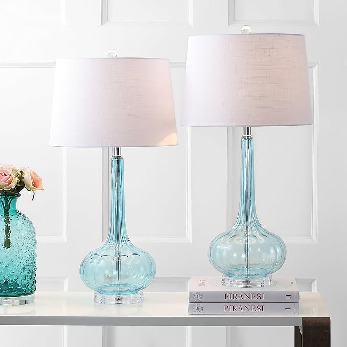 JONATHAN Y 28.5" Aqua Glass Teardrop LED Table Lamp Set of 2 for Living Room Bedroom Nightstand, White Linen Shade Modern Transitional Bedside Desk Lamp (JYL1079B-SET2)