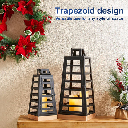 Glitzhome Set of 2 Modern Trapezoid Metal/Wood Decorative Lanterns,Large Candle Lanterns for Living Room,Home,Indoor, Outdoor,Table,Fireplace Mantle Decor -Black(No Glass)