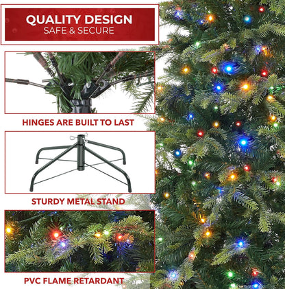 Casafield 6.5FT Pre-Lit Slim Green Aspen Fir Artificial Holiday Christmas Tree with White & Multicolored LED Lights, Realistic Noble Fir with Metal Stand