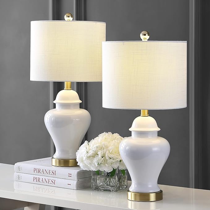JONATHAN Y 22" White Ceramic Table Lamp Set of 2 for Bedroom Living Room, White Linen Shade, Traditional Ginger Jar Nightstand Lamp, Classic Cottage LED Lights (JYL6602C-SET2)