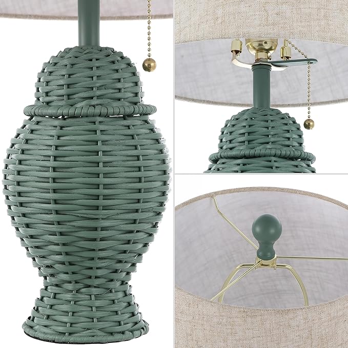 JONATHAN Y 20.5" Green Wicker Table Lamp Set of 2, Bohemian Rustic Farmhouse Bedside Lamps for Living Room, Nightstand Desk Lamps with Beige Linen Shade, LED Bulbs Included (JYL4041C-SET2)