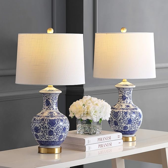 JONATHAN Y 25.25" Blue/White Ceramic Ginger Jar Table Lamp Set of 2, Traditional Brass Gold Base for Living Room Bedroom, White Linen Drum Shade, LED Bulbs Included JYL1072A-SET2