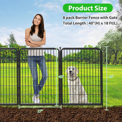 Decorative Black Metal Fencing Garden Fence with Gate, 18ft(L) 40in(H) 8 Fence Panels No Dig Fence Rustproof Animal Barrier Fence Temporary Dog Panels Fencing Outdoor