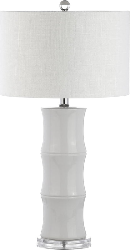 JONATHAN Y 26.5" White Ceramic Table Lamp for Living Room, Bedroom Nightstand, White Linen Drum Shade, Bamboo Design Modern Bedside Desk Lamp with LED Bulb Included (JYL3015C)