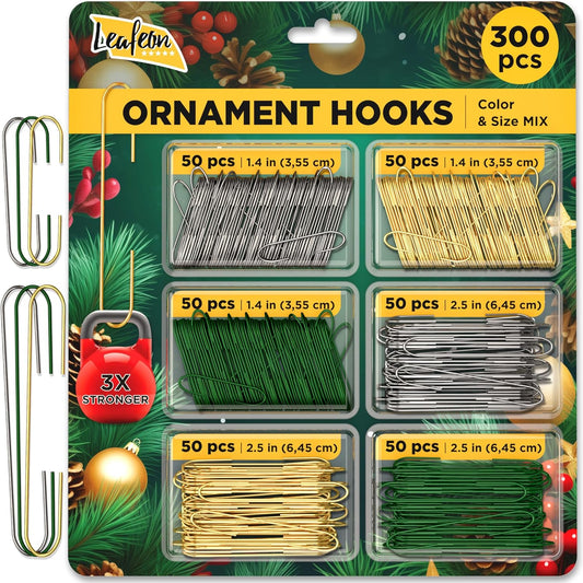 Leafeon 300 Pack Christmas Ornament Hooks - Gold Green Silver Ornament Hanger for Christmas - Essential Hooks for Ornament Hangers