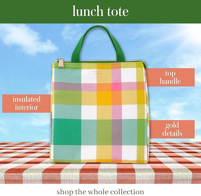 kate spade new york Portable Soft Cooler Lunch Bag, Thermal Tote with Insulated Interior Lining and Storage Pocket, Lunch Tote for Women, Spring Plaid