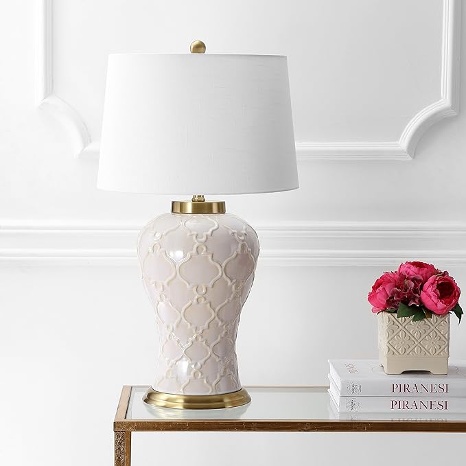 JONATHAN Y 29" Cream Textured Ceramic Table Lamp, Transitional Quatrefoil Trellis Design with White Linen Drum Shade and Brass Accents for Living Room, LED Bulb Included JYL4024A