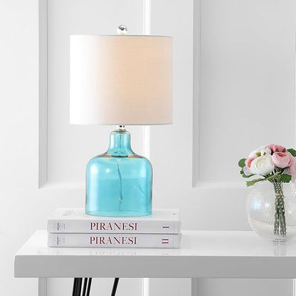 JONATHAN Y 19" Moroccan Blue Glass Bell Table Lamp for Living Room Bedroom, White Linen Drum Shade, Modern Coastal Bedside Nightstand Lamp with LED Bulb, UL Listed JYL1027A