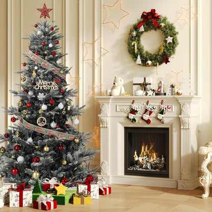 7.5ft Pre-lit Artificial Christmas Tree with Incandescent Warm White Lights, Snow Flocked Full Prelighted Xmas Tree Automatic Branch Tips, UL Listed Lights & Foldable Stand, Green & White