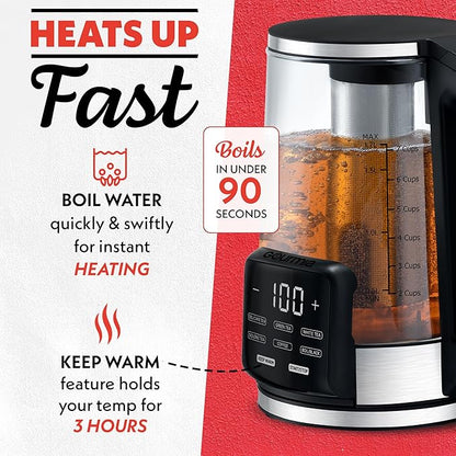 Gourmia Electric Glass Kettle – 1.7L Programmable Tea & Coffee Brewer with Digital Touch Display, 6 Presets, Removable Stainless Steel Infuser, Cordless with 360° Swivel Base, Red