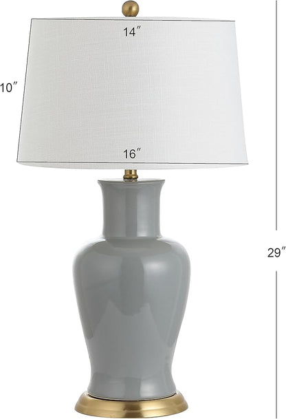 JONATHAN Y 29" Gray Traditional Ceramic Urn LED Table Lamp for Bedroom Decor, White Linen Drum Shade, Classic Nightstand Lamp for Living Room, LED Bulb Included (JYL4026C)