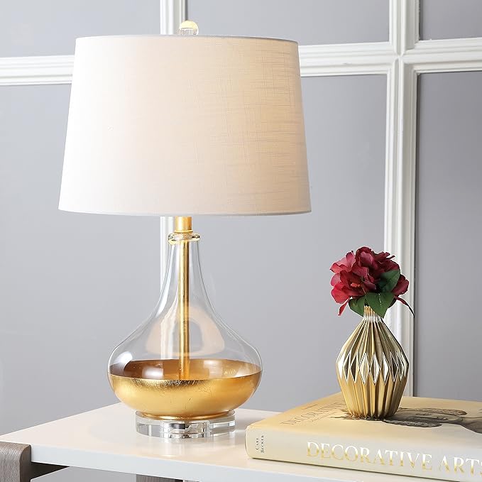 JONATHAN Y 24.5" Gold Painted Glass Table Lamp, Modern Glam Teardrop Nightstand Lamp with White Linen Drum Shade and Crystal Base, UL Listed, LED Bulb Included JYL5007A