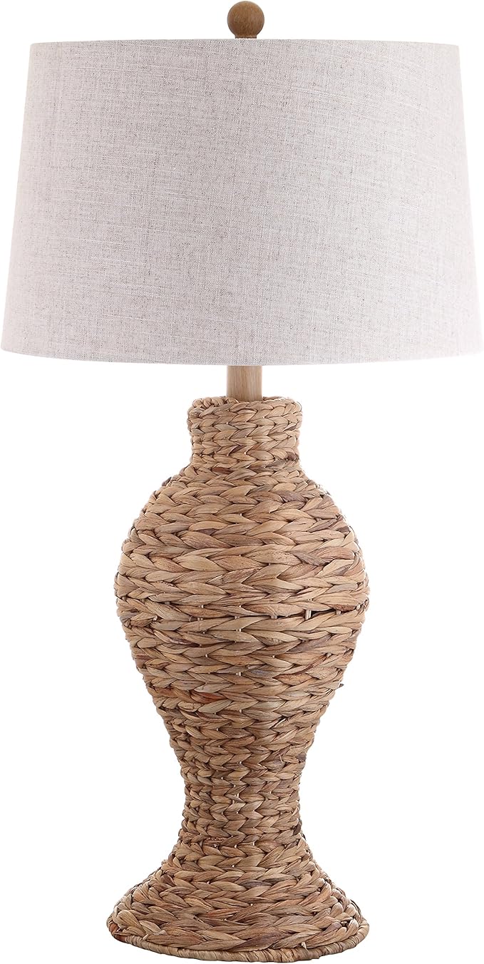 JONATHAN Y 31" Natural Woven Water Hyacinth Table Lamp for Living Room, Coastal Farmhouse Urn Bedside Lamp with Gray Linen Drum Shade, LED Bulb Included JYL1015A