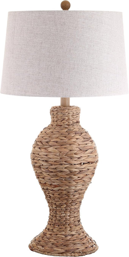 JONATHAN Y 31" Natural Woven Water Hyacinth Table Lamp for Living Room, Coastal Farmhouse Urn Bedside Lamp with Gray Linen Drum Shade, LED Bulb Included JYL1015A