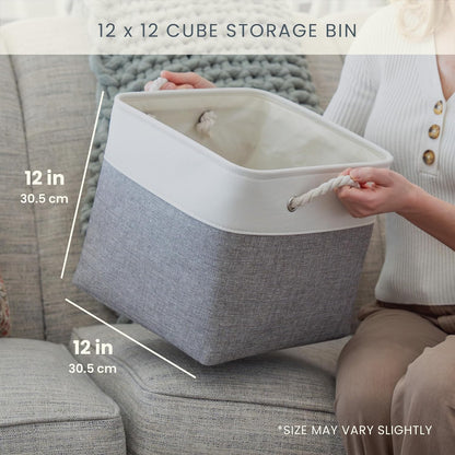 OrganiHaus 12x12 Cube Storage Bins 4 Pack, Foldable Cube Storage Organizer w/ Rope Handles, Collapsible Fabric Bins for Toys, Clothes & Closet Organization, Fabric Square Baskets - Beige/White