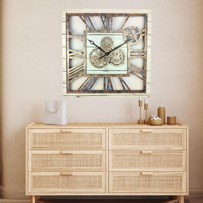 The Gears Clock 24'' Inch Square Real Moving Gear Wall Clock Vintage Industrial Oversized Rustic Farmhouse (White Farmhouse)