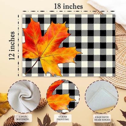 Hello Fall Placemats Set of 4, 12x18 Inch Maple Leaves Buffalo Plaid Table Mats, Washable Heat Resistant Place Mats for Kitchen Dining Table, Autumn Home Farmhouse Decor-B01