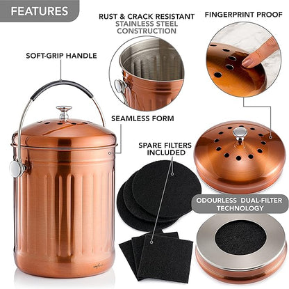 RED FACTOR Premium Compost Bin for Kitchen Countertop - Stainless Steel Food Waste Bucket with Innovative Dual Filter Technology - Includes Spare Filters (Matt Copper, 1.3 Gallon)