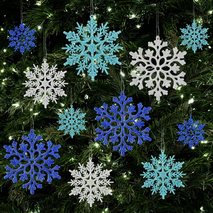 36pcs Blue Silver Christmas Snowflake Ornaments, Plastic Glitter Hanging Snow Flakes for Christmas Tree Decorations Winter Wonderland Frozen Birthday Party Home Decor Craft Snowflakes