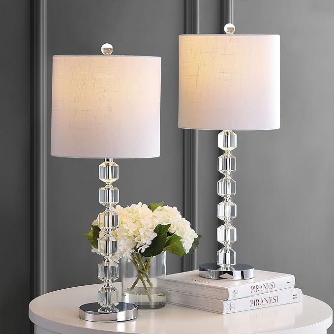 JONATHAN Y 27.5" Chrome Modern Stacked Crystal Table Lamp Set of 2 for Living Room Bedroom, Glam Bedside Nightstand Lamps, White Linen Shade, LED Bulbs Included, UL Listed JYL5053A-SET2